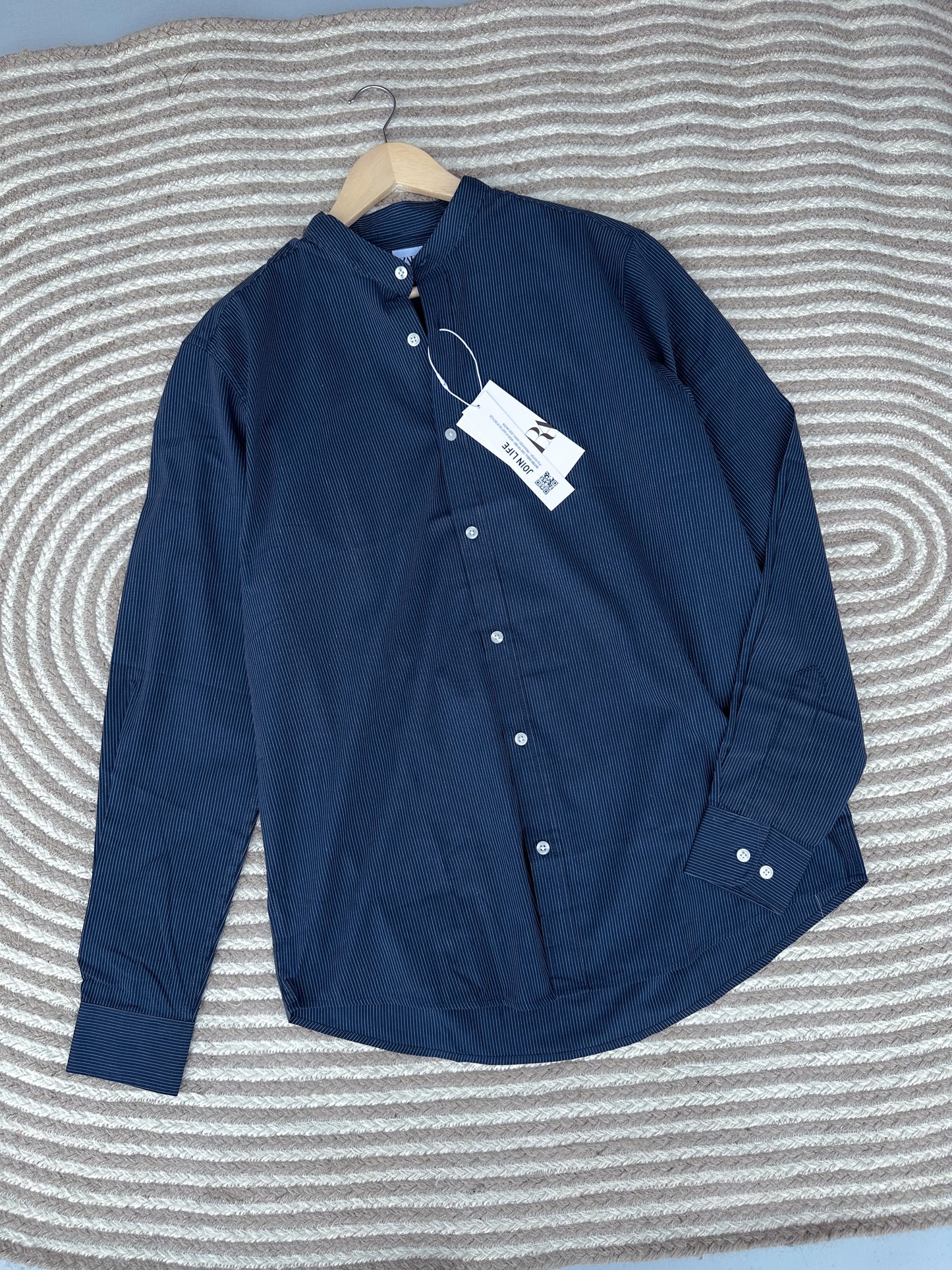 Band Collar Shirt - Navy Blue stripe