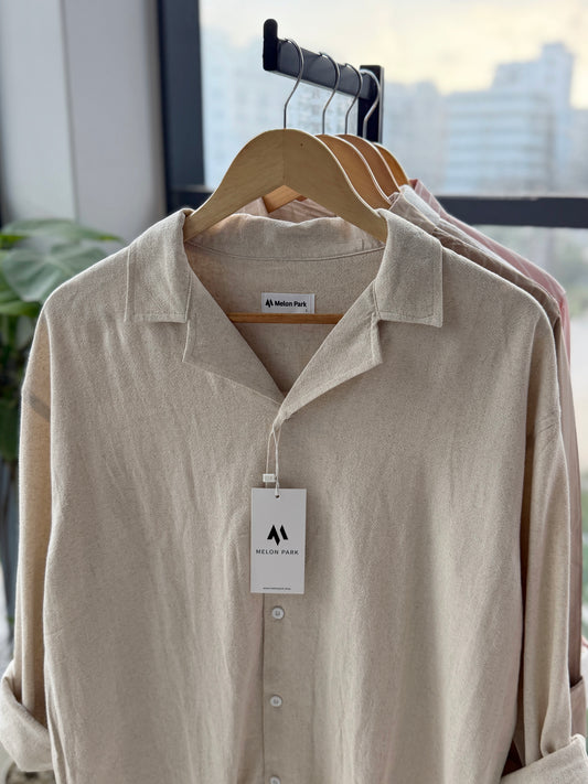 Drop-shoulder Cuban full sleeve shirt - Textured Off White