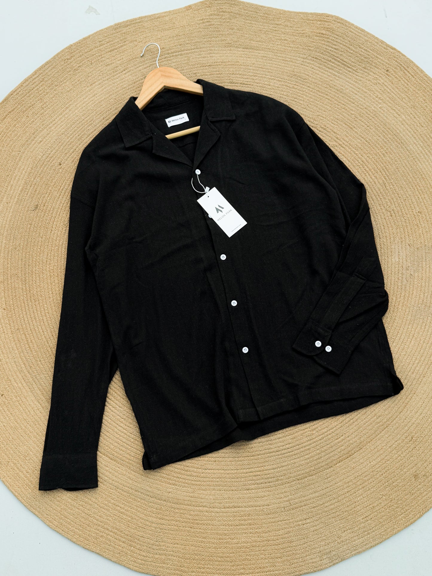 Drop-shoulder Cuban full sleeve shirt - Black