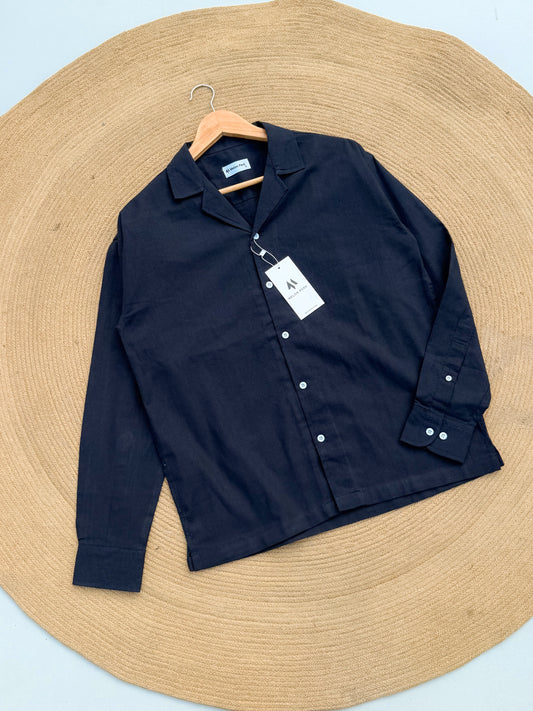 Drop-shoulder Cuban full sleeve shirt - Navy Blue