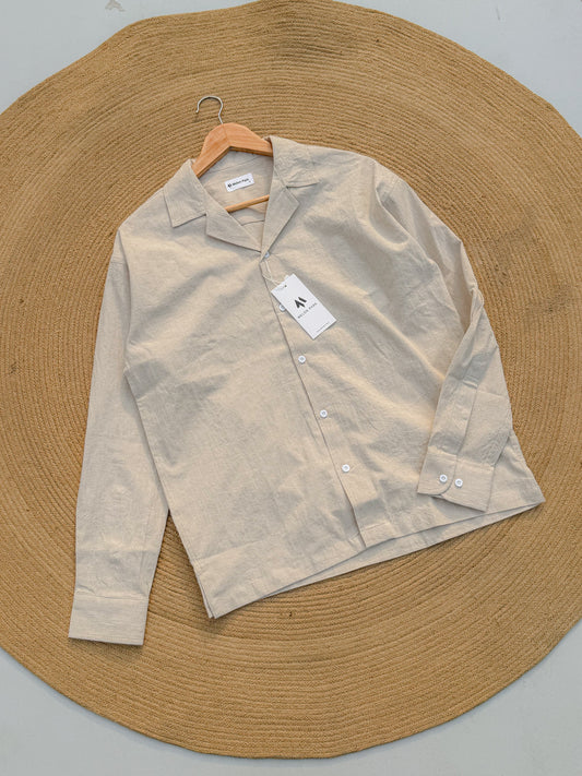 Drop-shoulder Cuban full sleeve shirt - Textured Off White