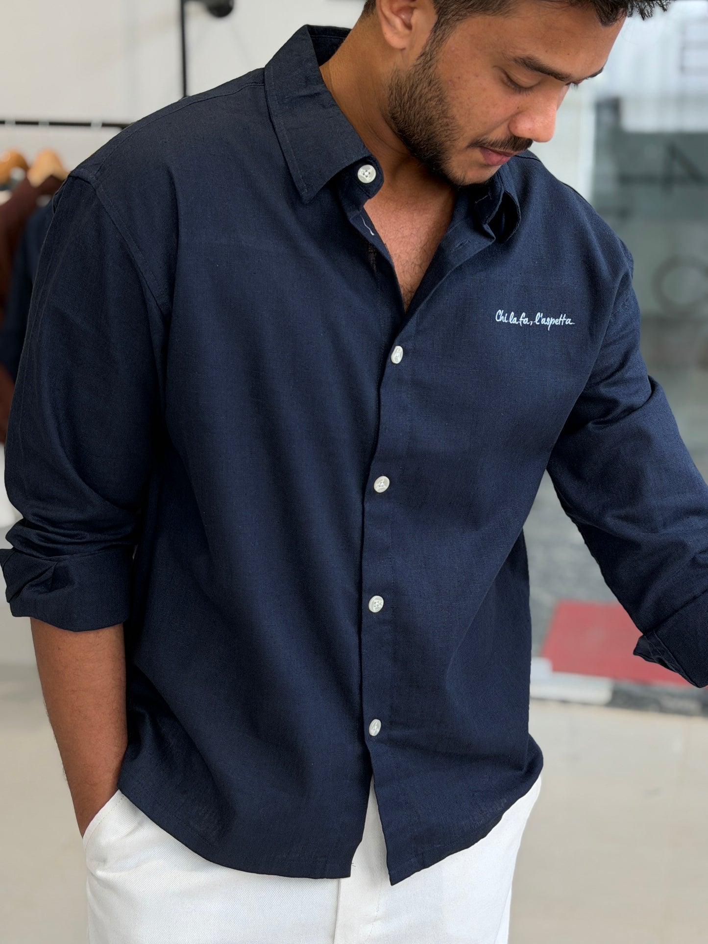 Embroidery Oversized Baggy shirt - Navy Blue