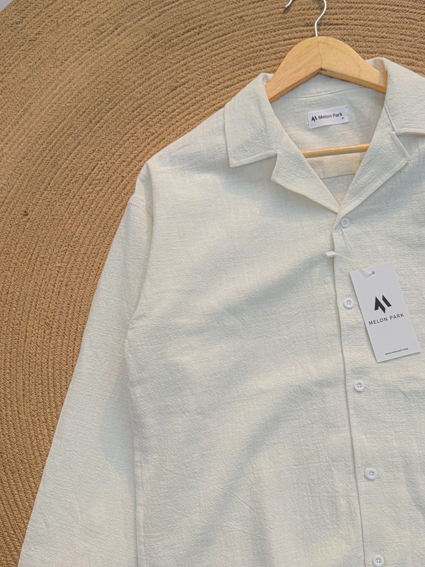 Drop-shoulder Cuban full sleeve shirt - White