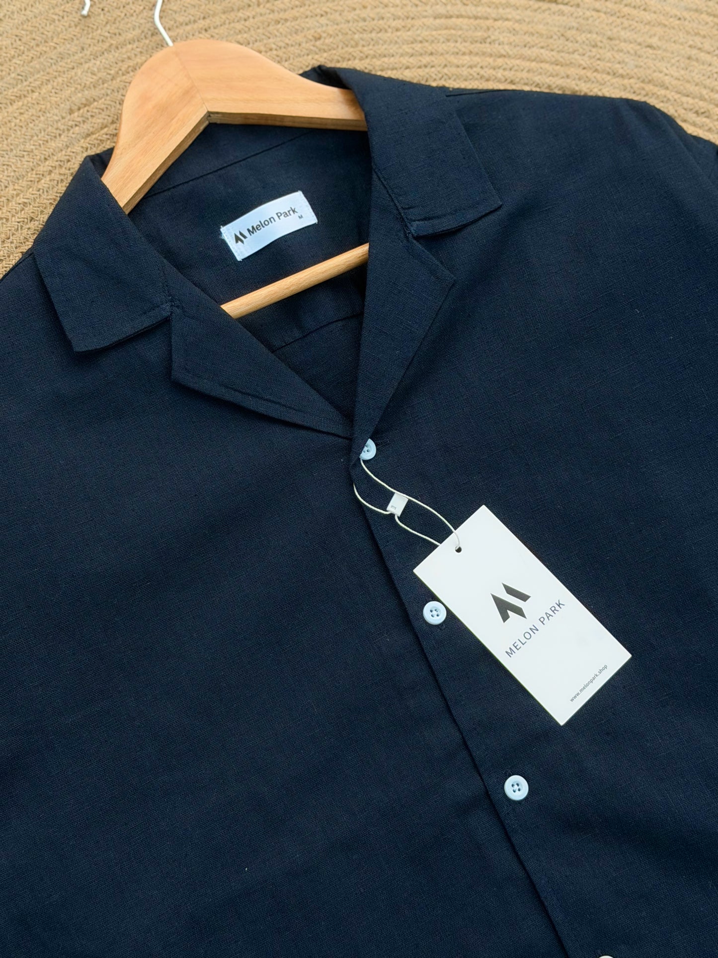 Drop-shoulder Cuban full sleeve shirt - Navy Blue