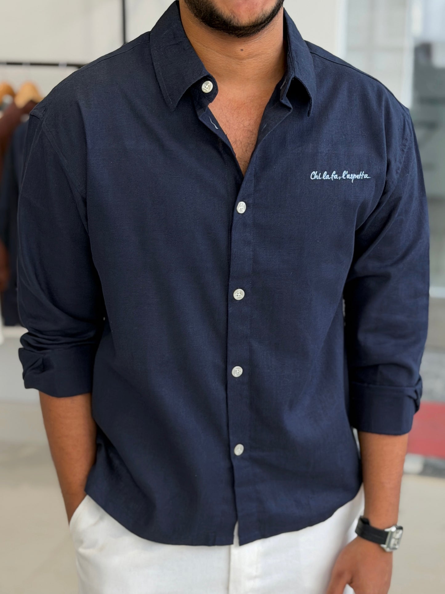 Embroidery Oversized Baggy shirt - Navy Blue