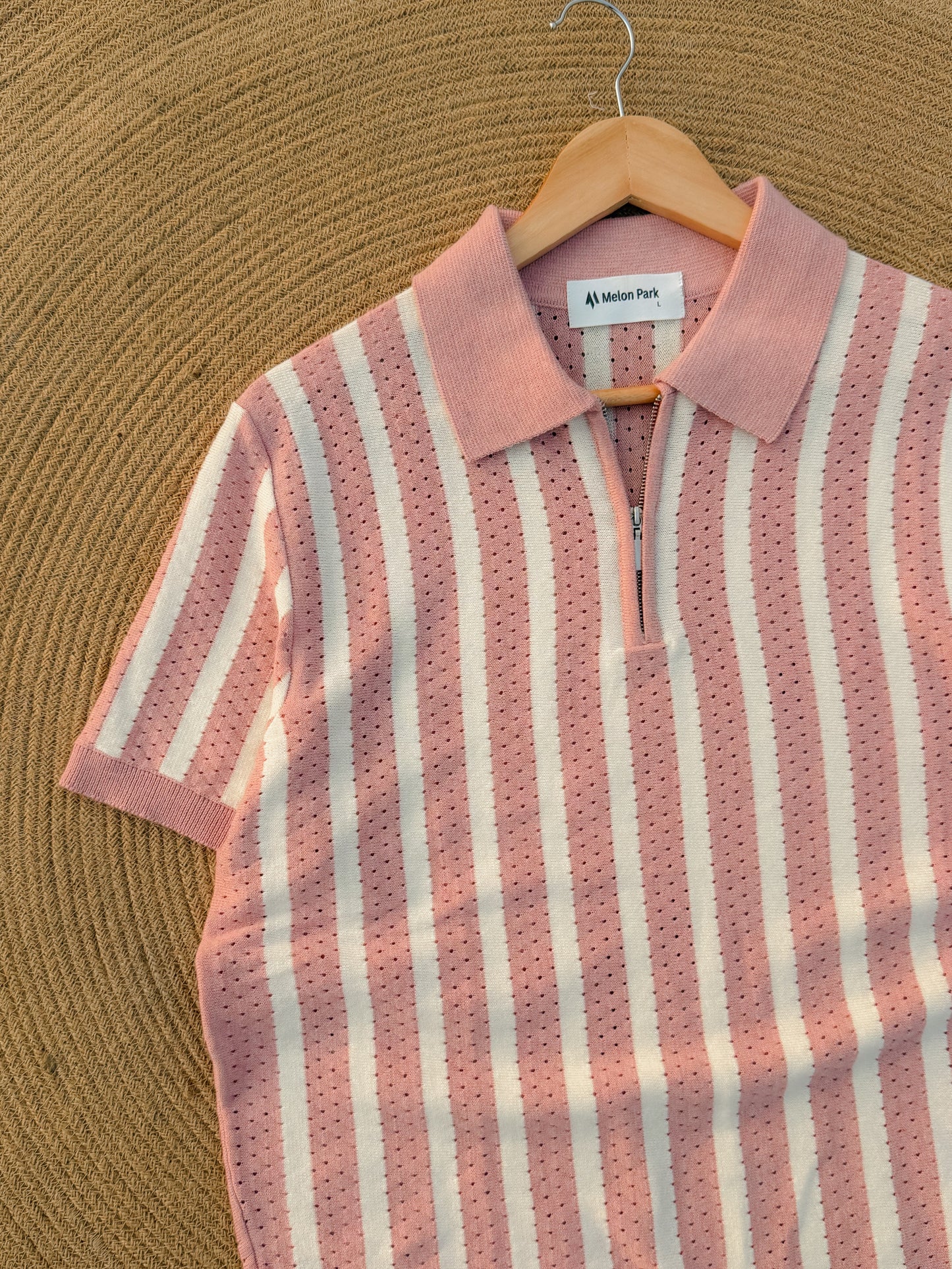Classic Zipper Polo - Baby Pink with White