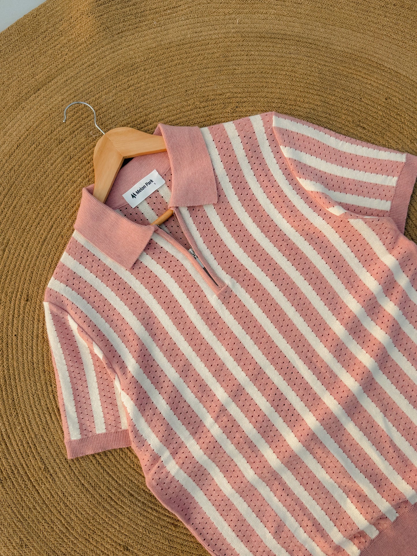 Classic Zipper Polo - Baby Pink with White