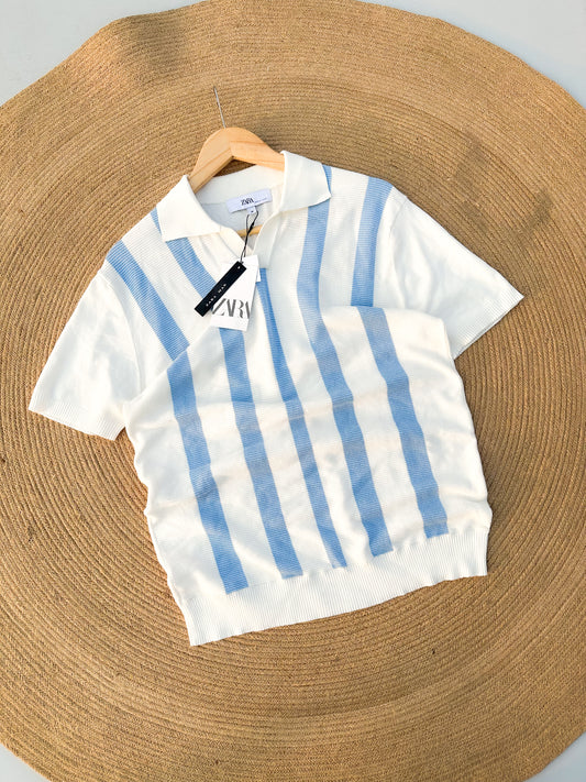Executive Knitted Polo - White with Sky