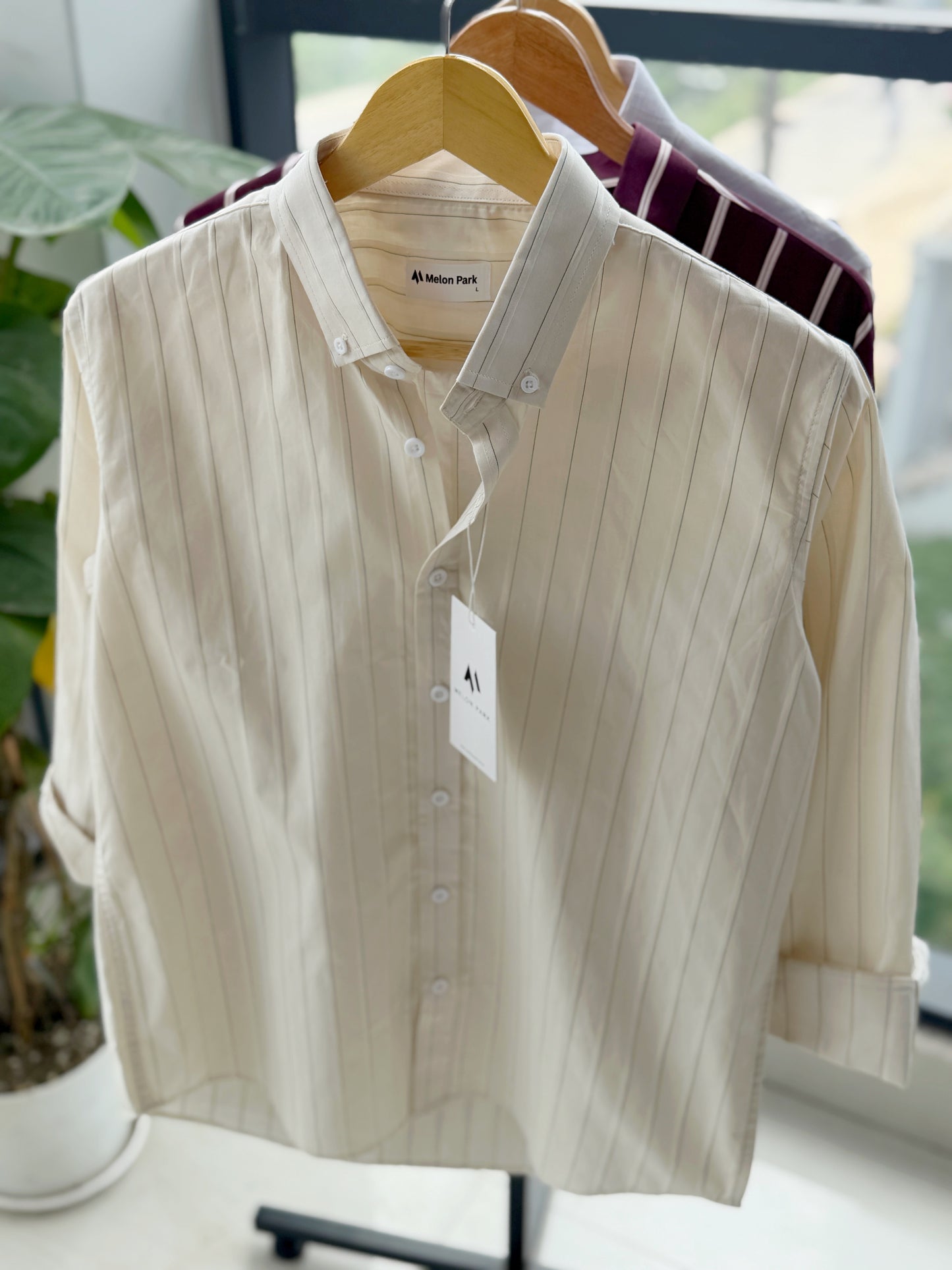 Gentle stripe shirt - Cream with Green pinstripe