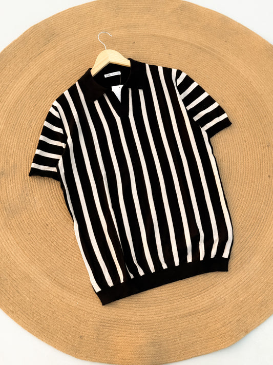 Retro Knitted Polo - Black with Off white