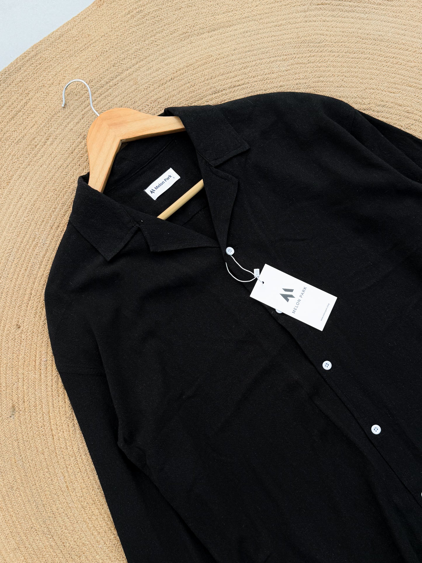 Drop-shoulder Cuban full sleeve shirt - Black
