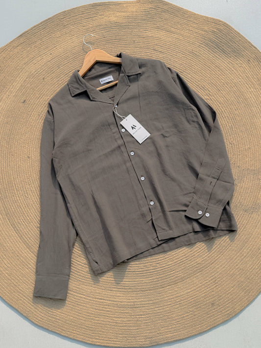 Drop-shoulder Cuban full sleeve shirt - Textured Grey
