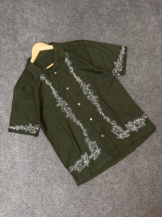 Olive Blooming  Cuban Shirt