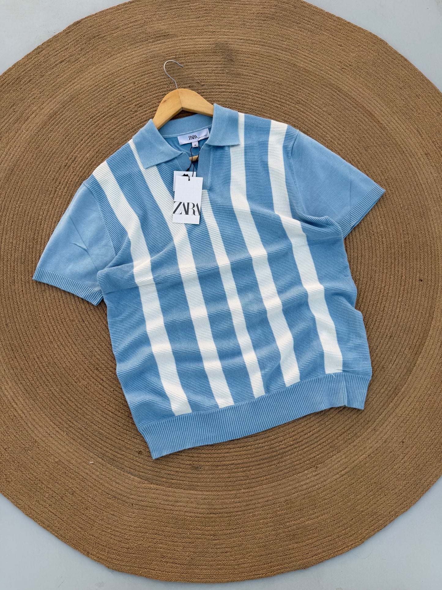 Executive Knitted Polo - Cool Blue with White