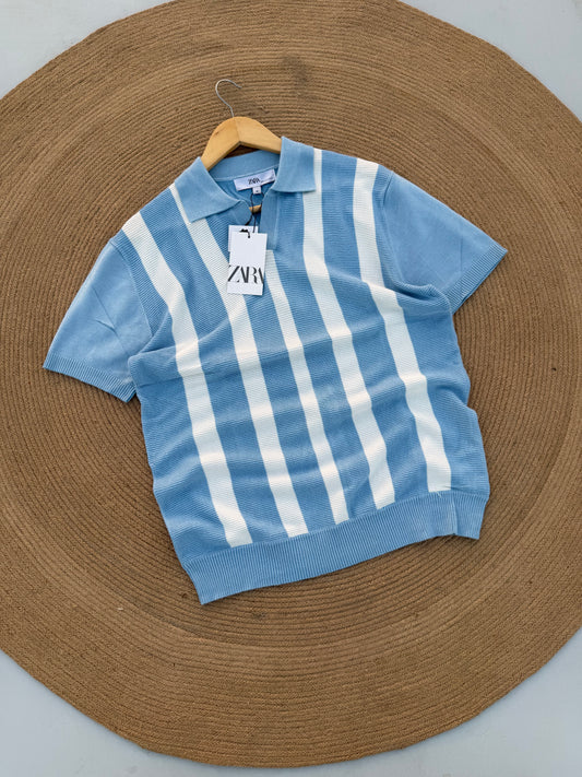 Executive Knitted Polo - Cool Blue with White