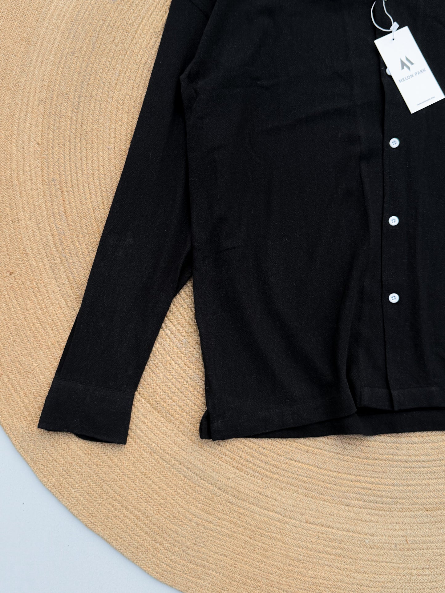 Drop-shoulder Cuban full sleeve shirt - Black