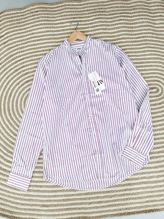 Band Collar Shirt - White with Red stripe