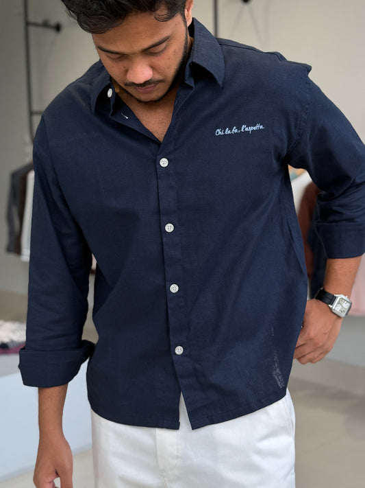 Embroidery Oversized Baggy shirt - Navy Blue