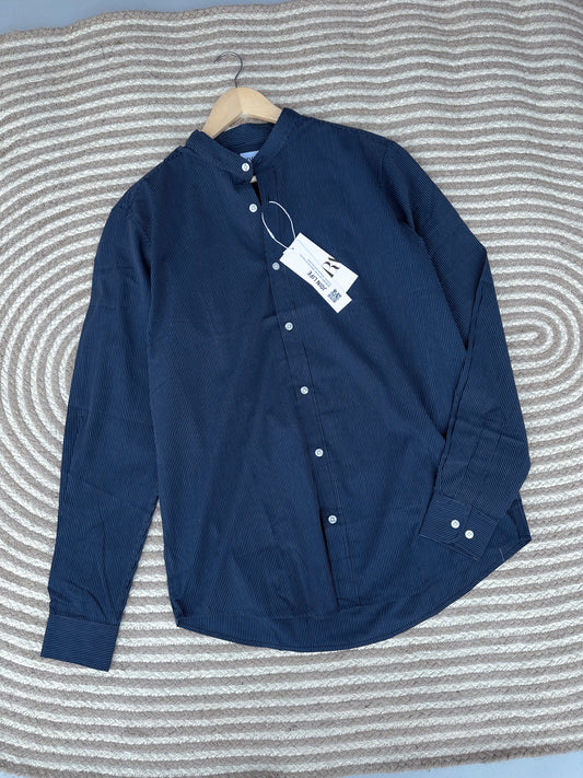 Band Collar Shirt - Navy Blue stripe
