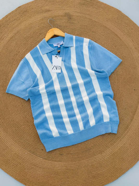 Executive Knitted Polo - Cool Blue with White