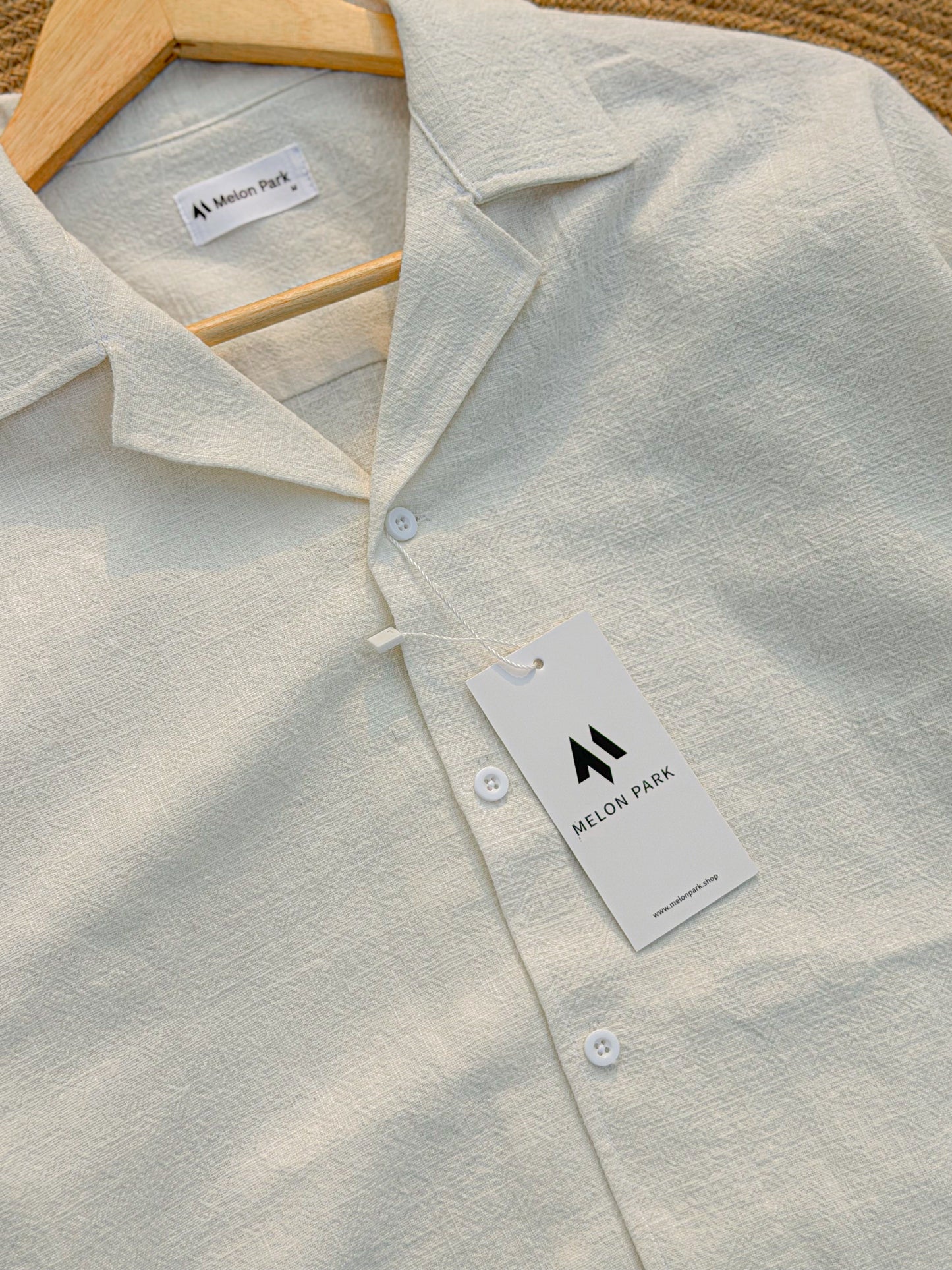 Drop-shoulder Cuban full sleeve shirt - White