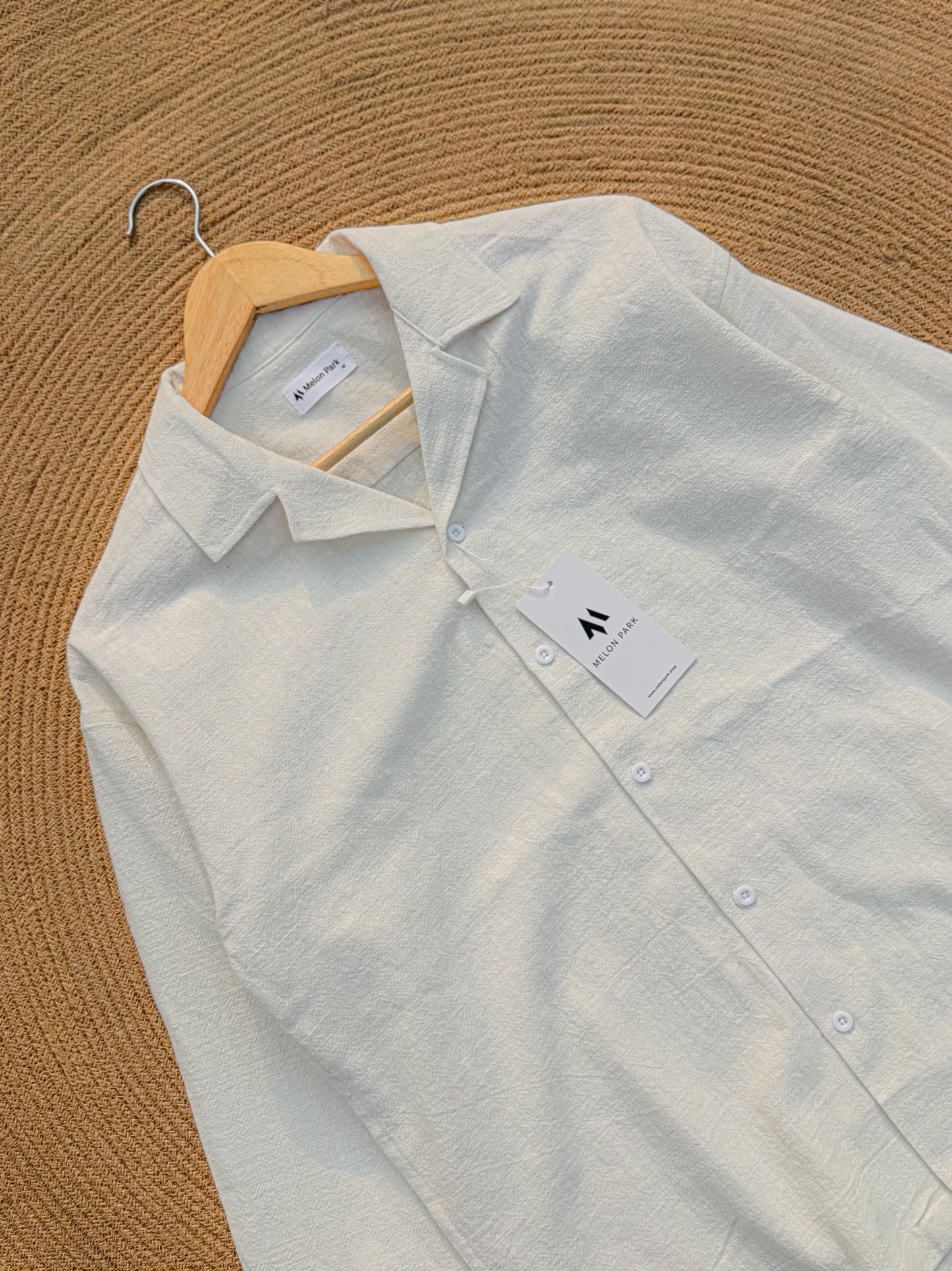 Drop-shoulder Cuban full sleeve shirt - White