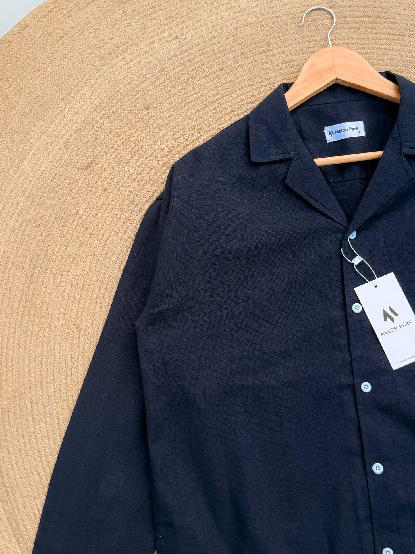 Drop-shoulder Cuban full sleeve shirt - Navy Blue