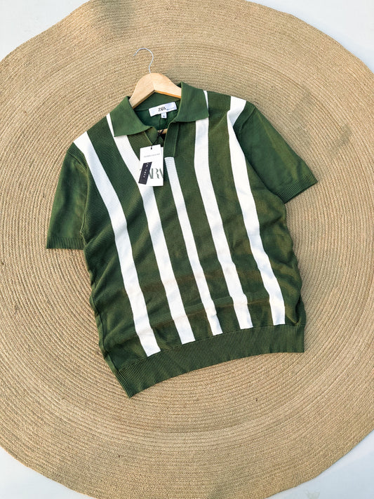 Executive Knitted Polo - Olive with White