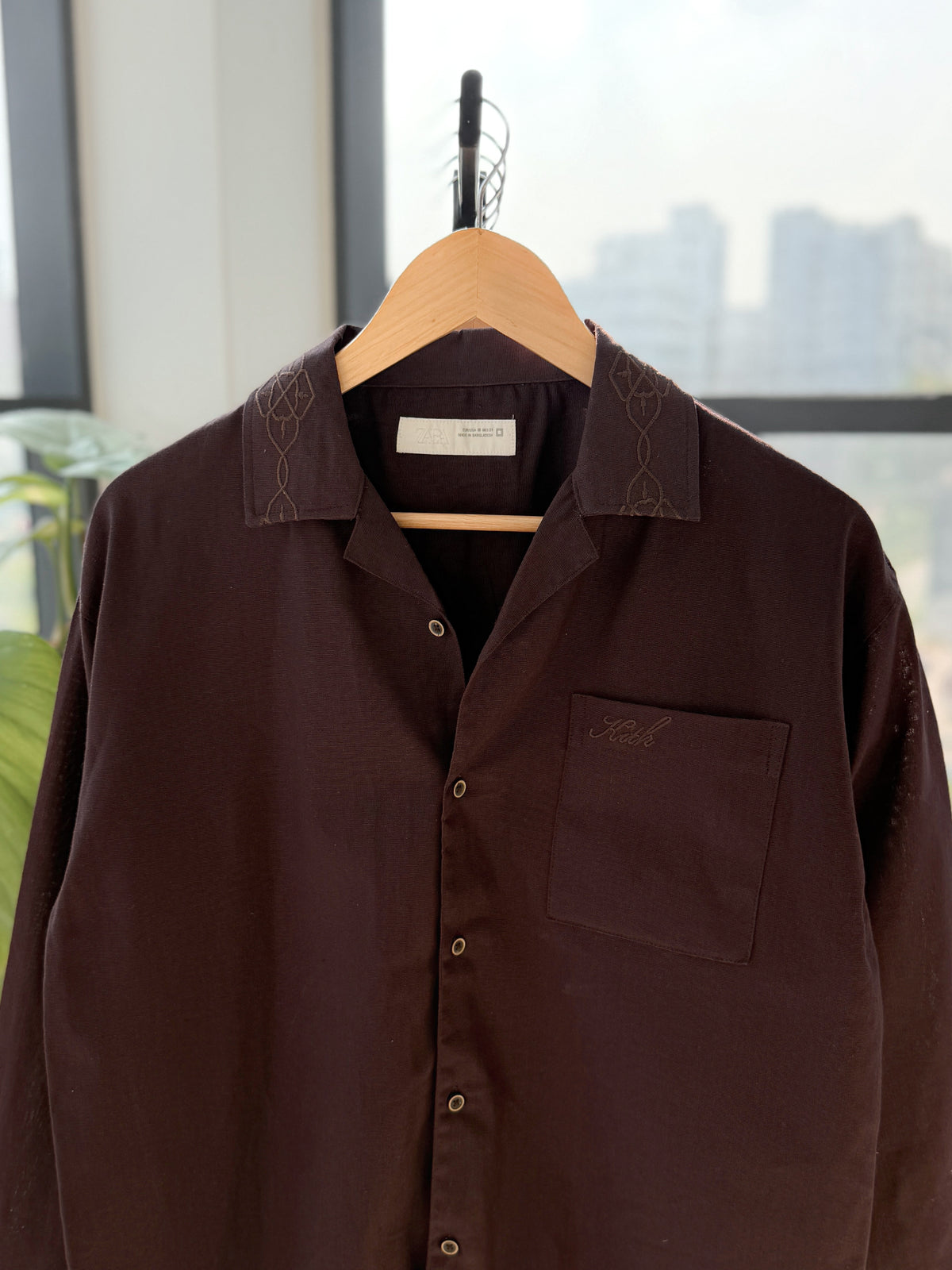 Embroidery Boxy Drop-shoulder shirt - Chocolate