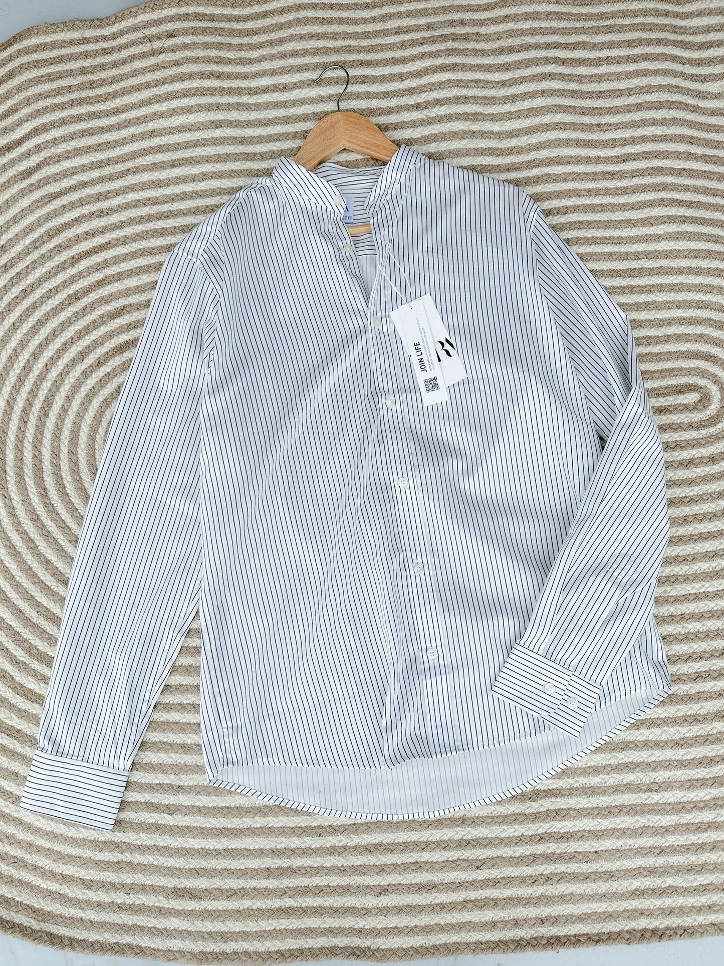 Band Collar Shirt - White with Black