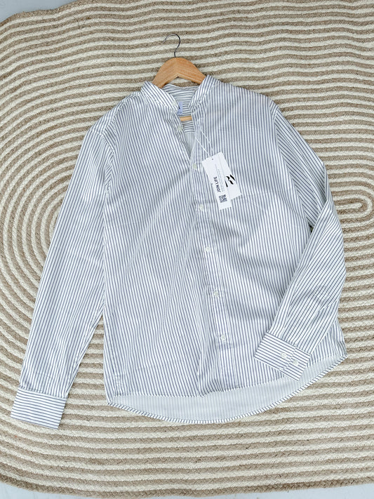 Band Collar Shirt - White with Black