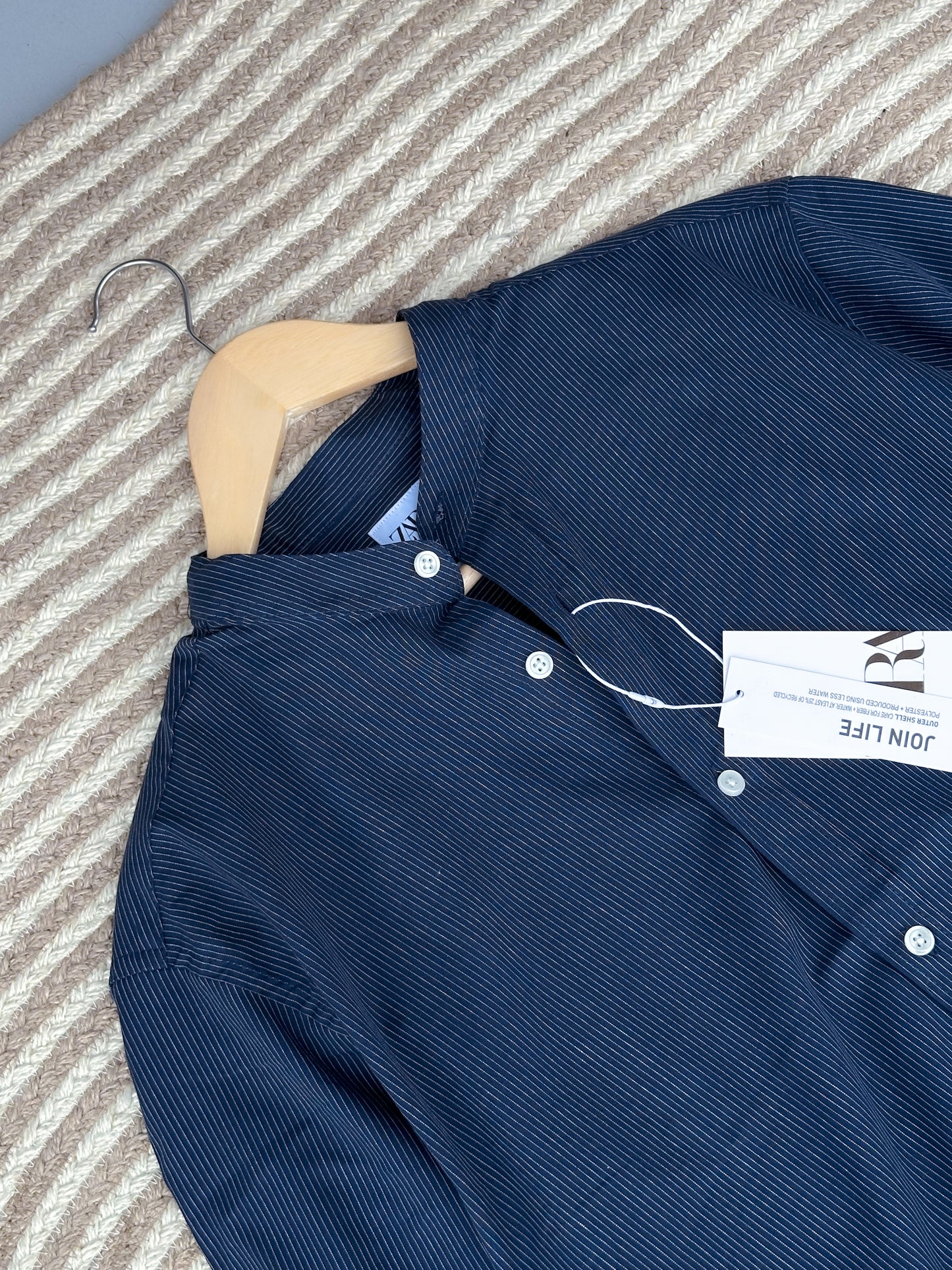 Band Collar Shirt - Navy Blue stripe
