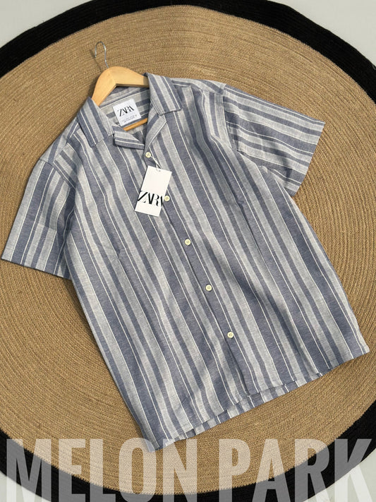 Grey big stripe Old Money Cuban Shirt