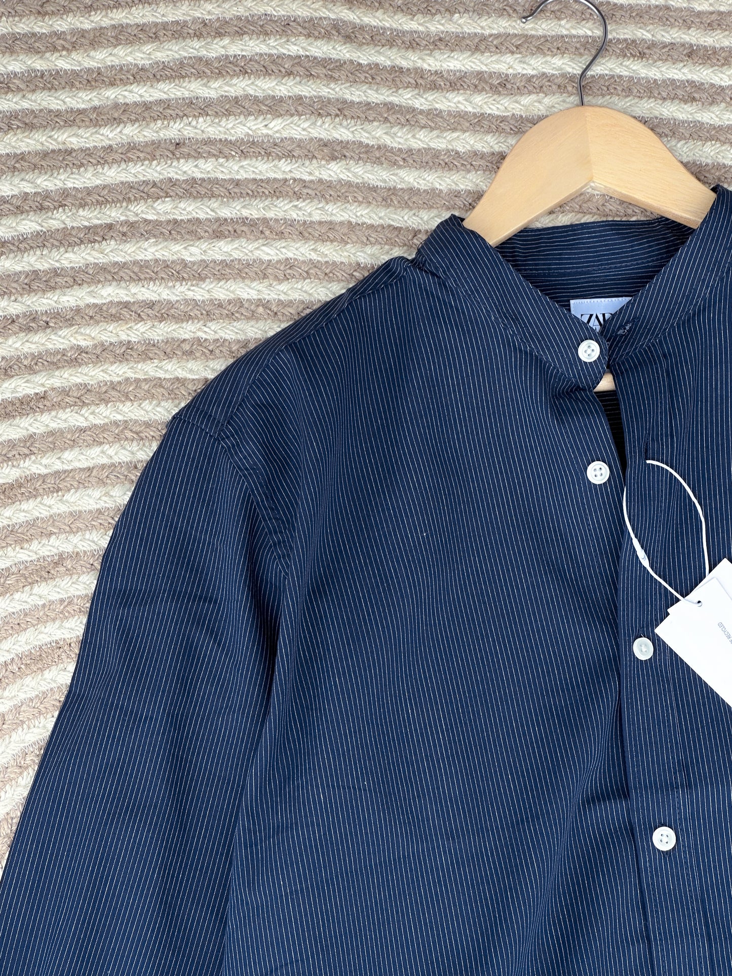 Band Collar Shirt - Navy Blue stripe