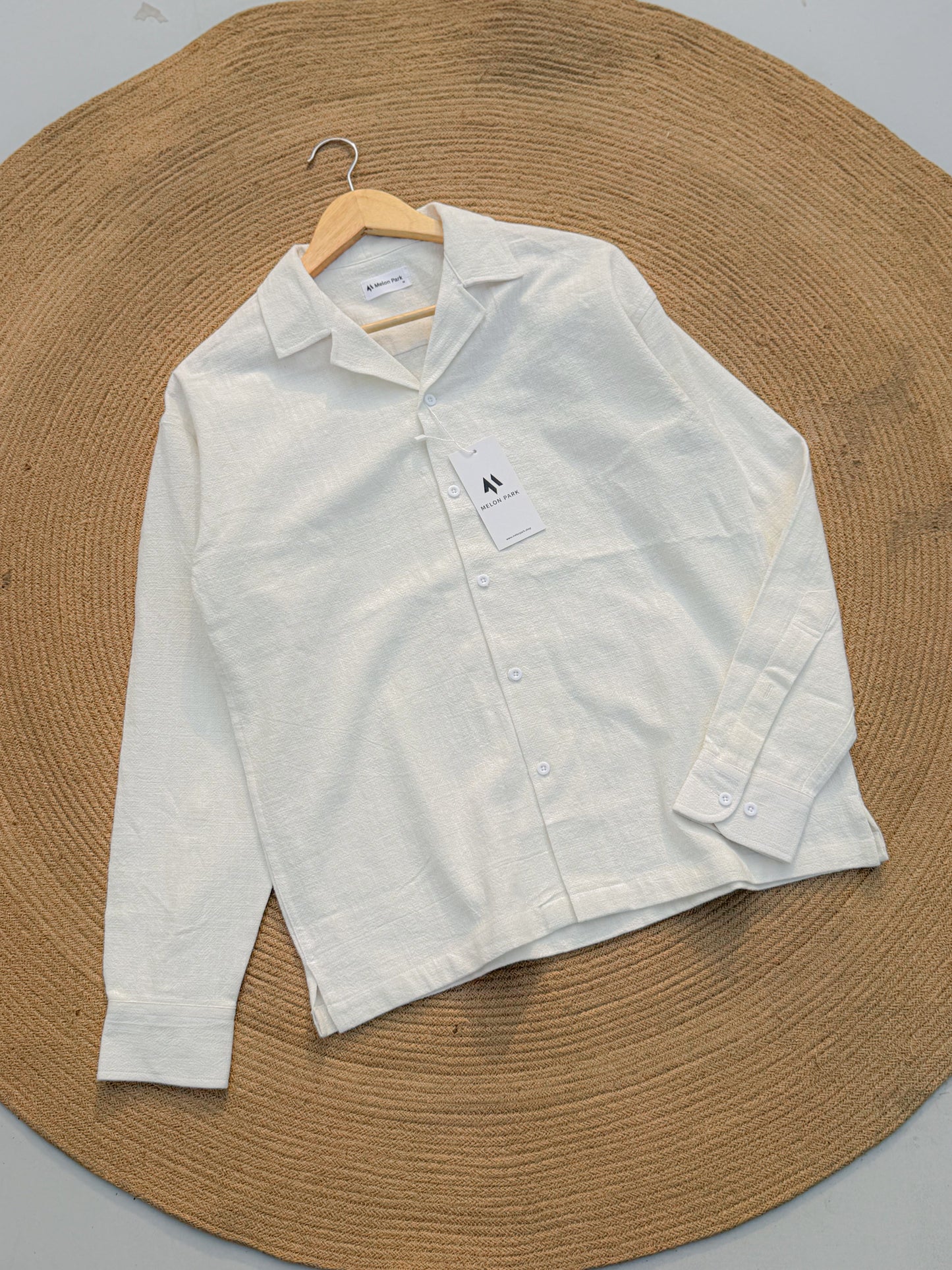 Drop-shoulder Cuban full sleeve shirt - White