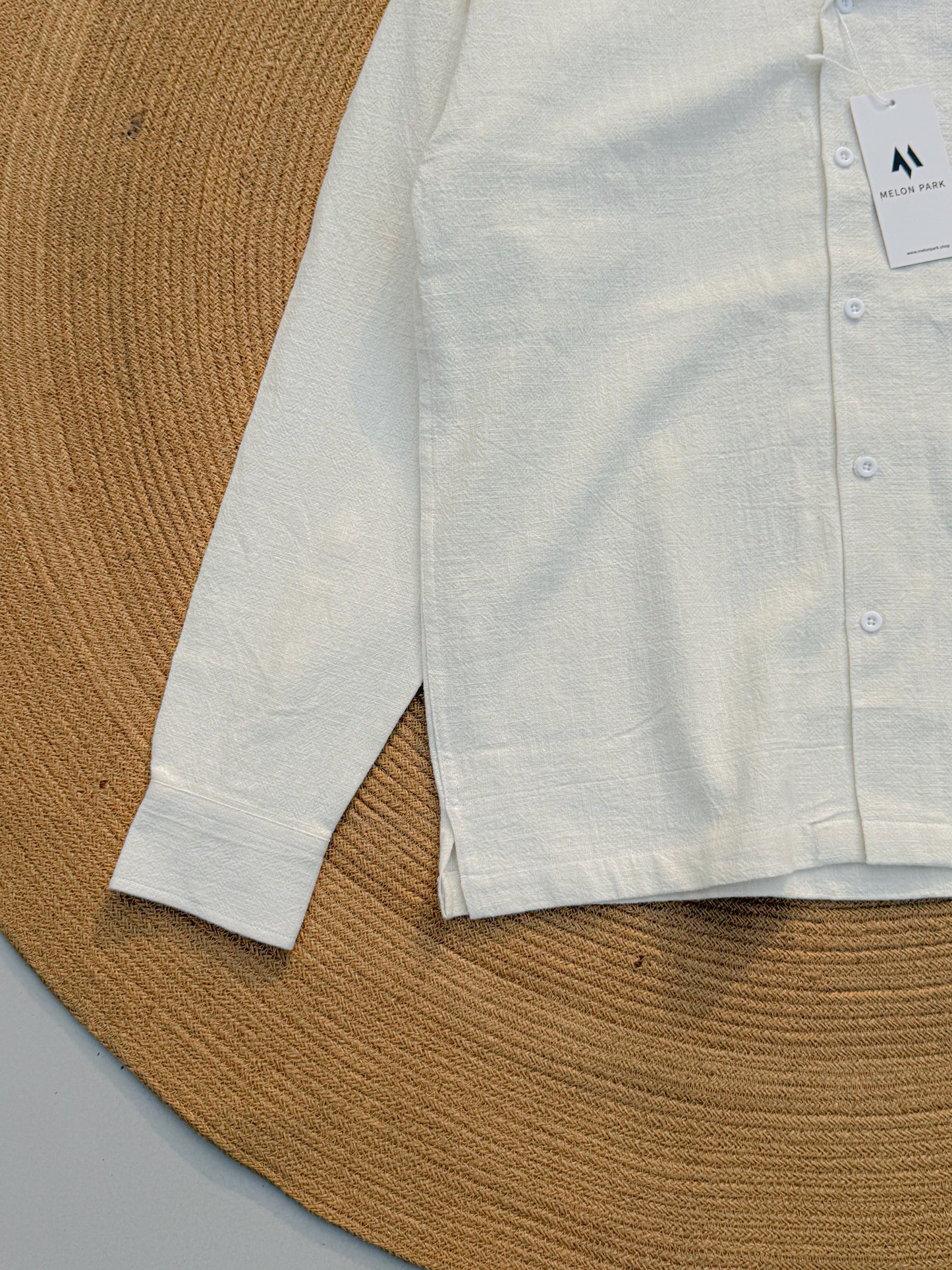 Drop-shoulder Cuban full sleeve shirt - White