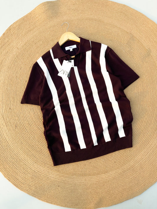 Executive Knitted Polo - Wine with White