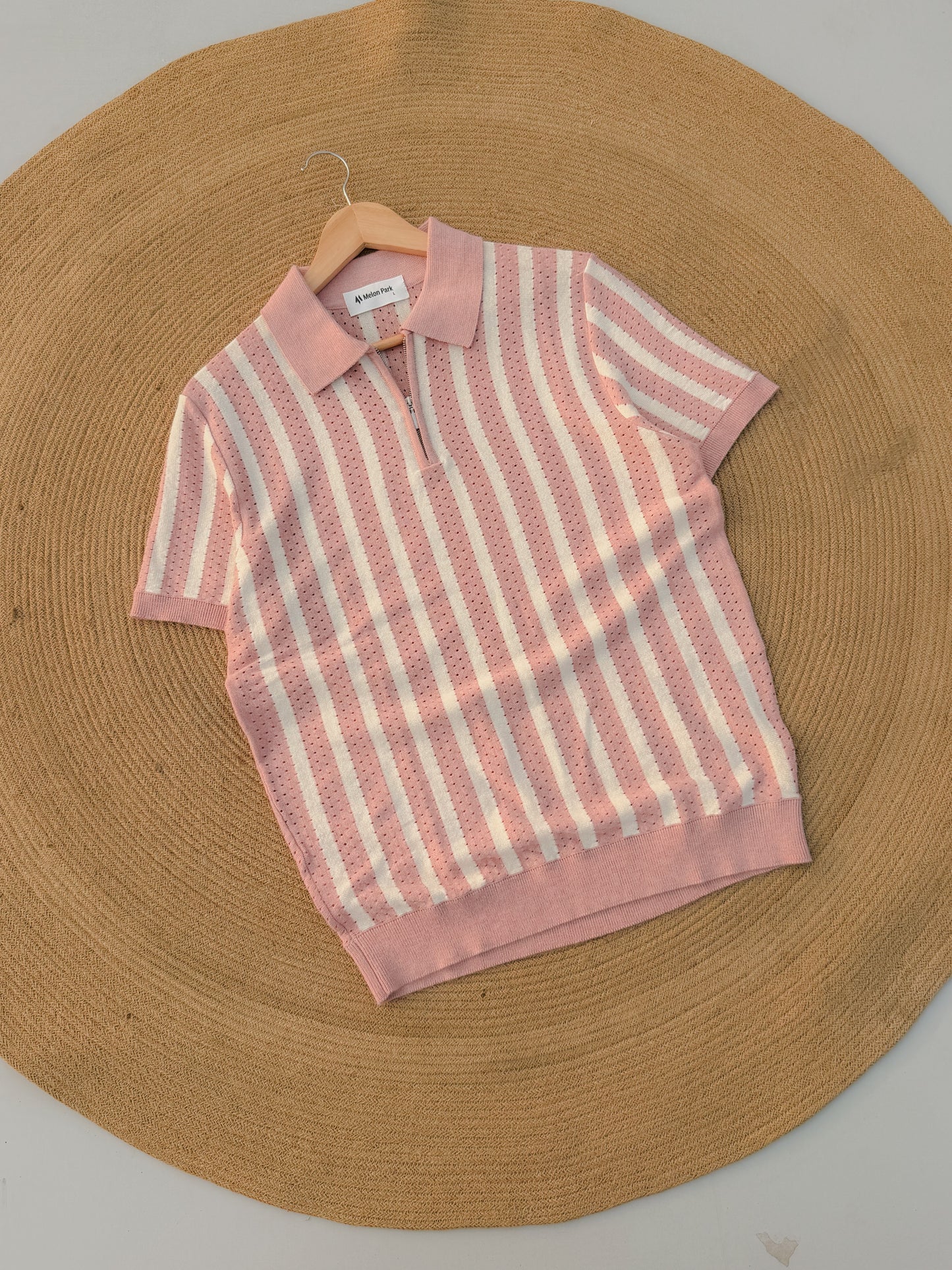 Classic Zipper Polo - Baby Pink with White