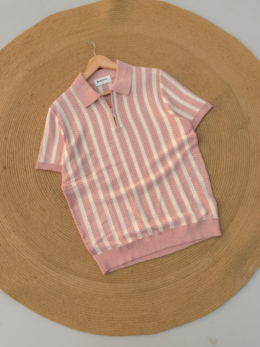 Classic Zipper Polo - Baby Pink with White