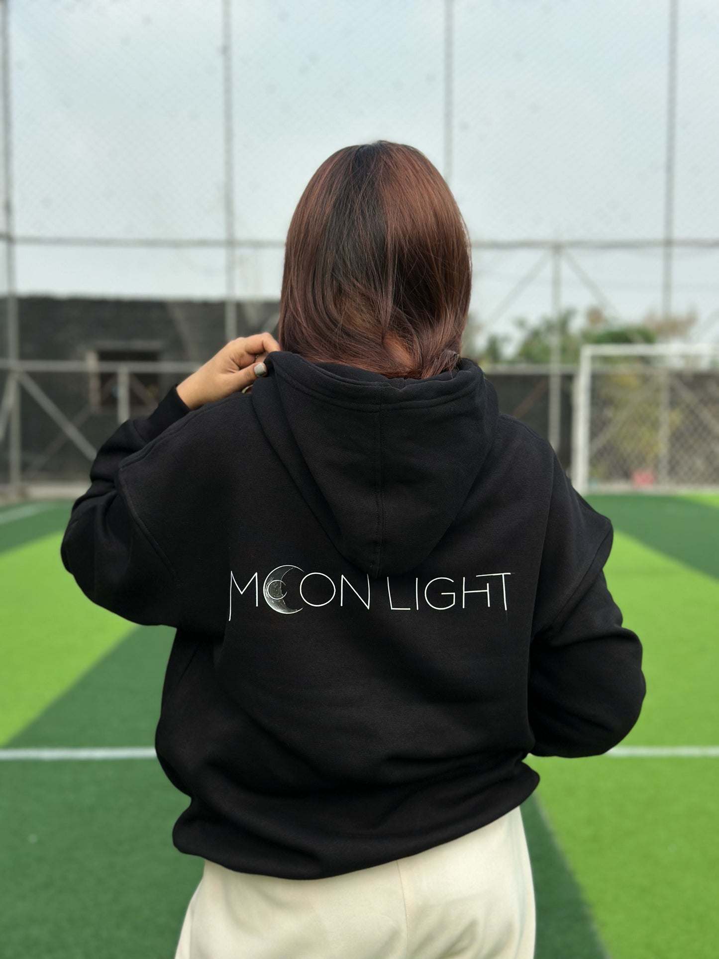 Women Black Moonlight Printed Dropshoulder Hoodie