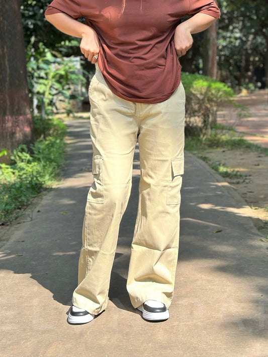 Women Beige Gabardine 6 Pocket Cargo Pant