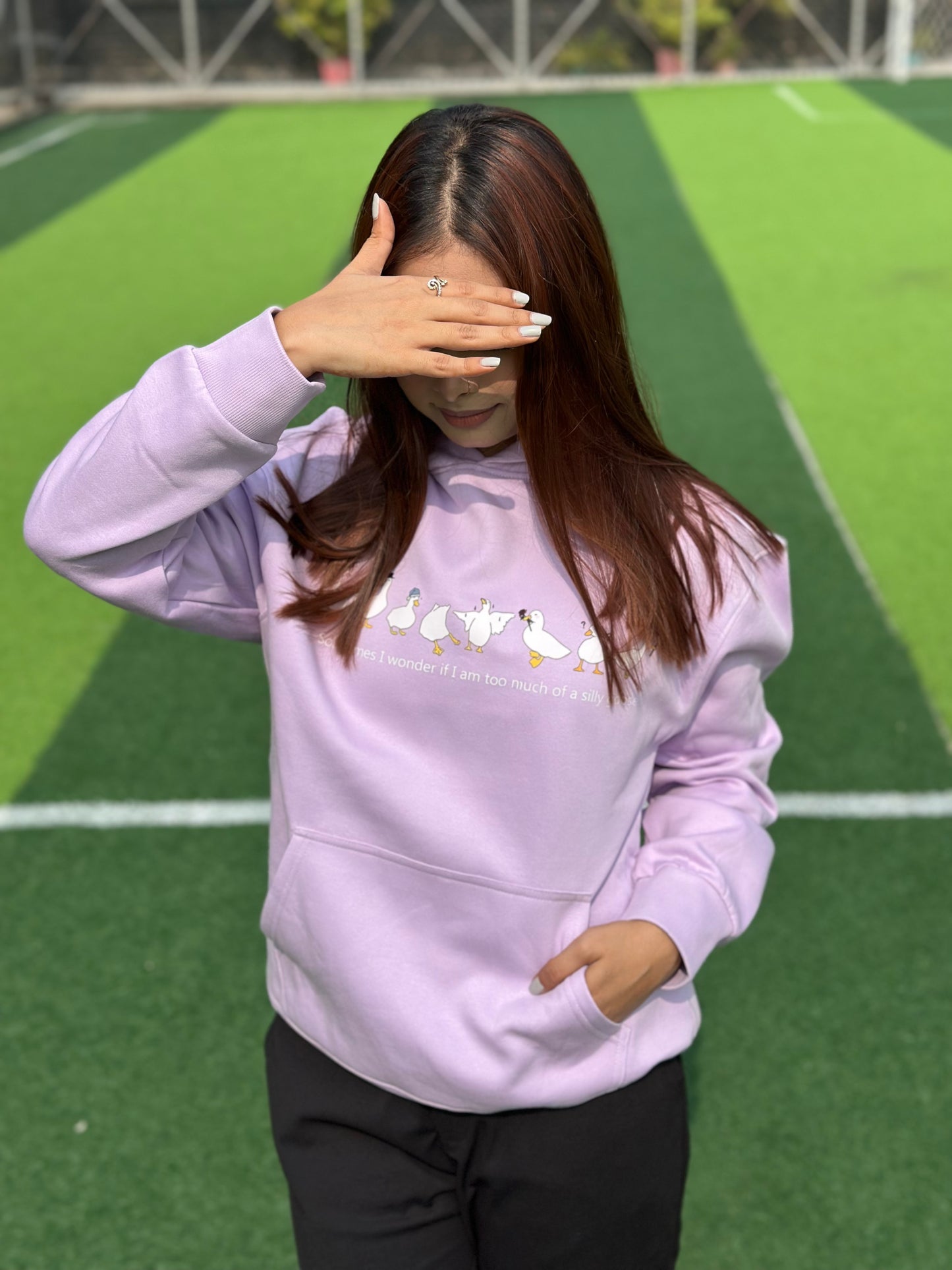 Lavender Sily Goose Printed Dropshoulder Hoodie